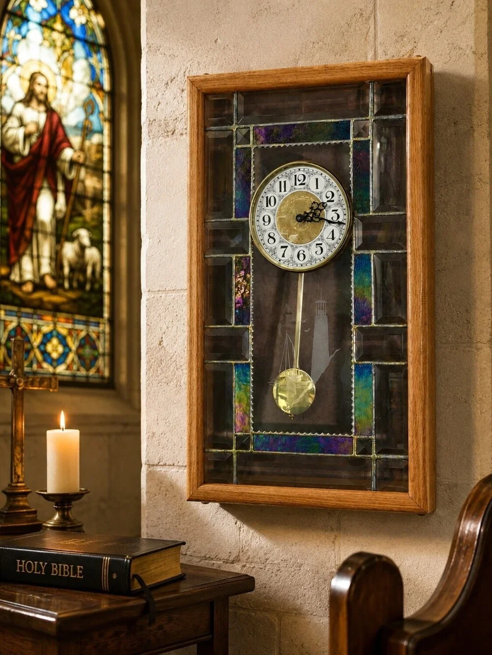 Cathedral Church Window Style Pendulum Wall Clock Stained Art Glass Lighthouse.